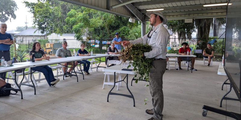 Students participating in a hands-on agriculture demonstration led by UF/IFAS faculty.